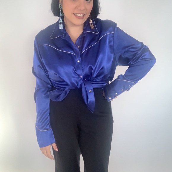Vintage 80s Western Satin Slap Button Blouse S M L - Picture 4 of 8